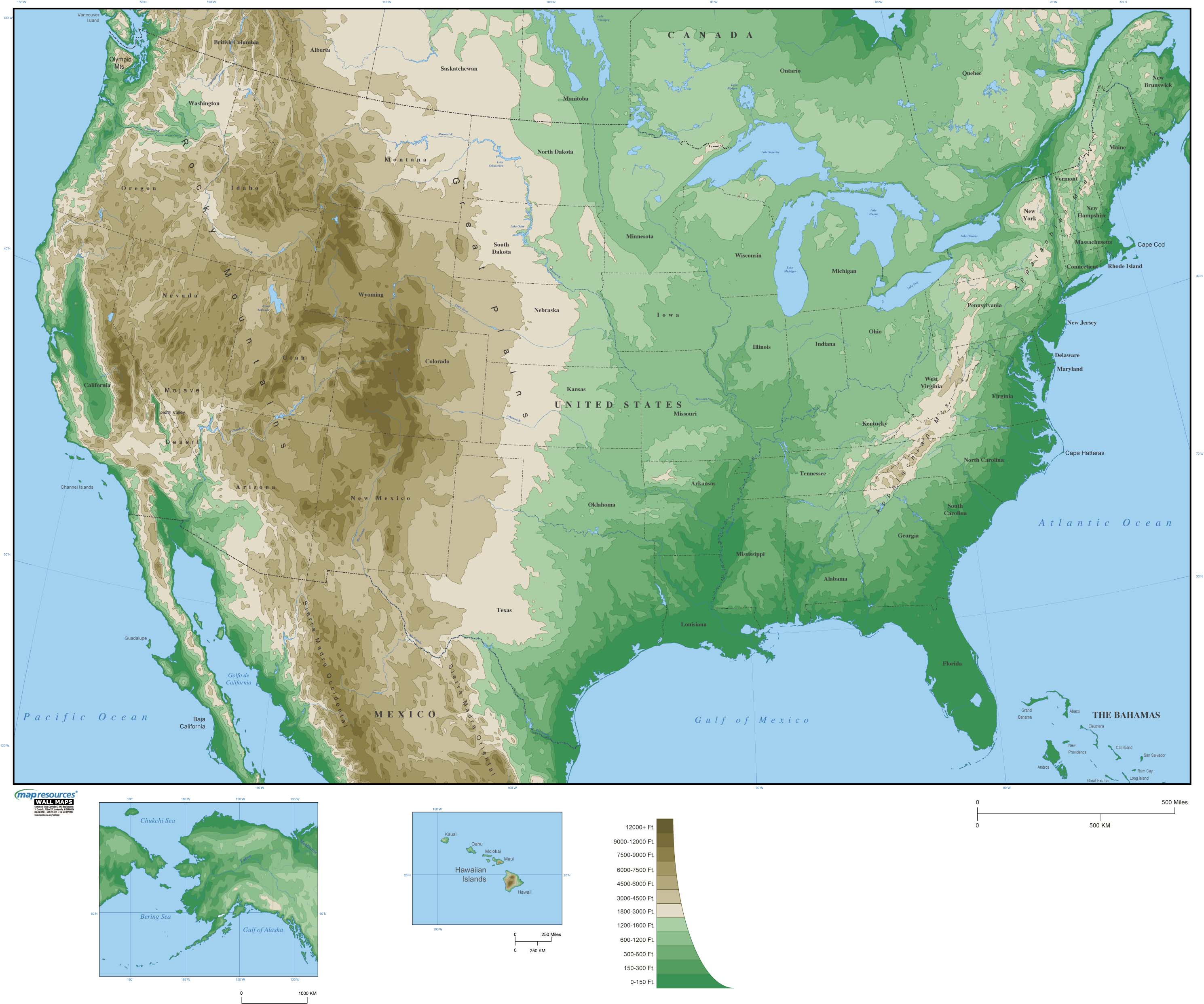United States Physical Wall Map w/ Ocean by Map Resources MapSales