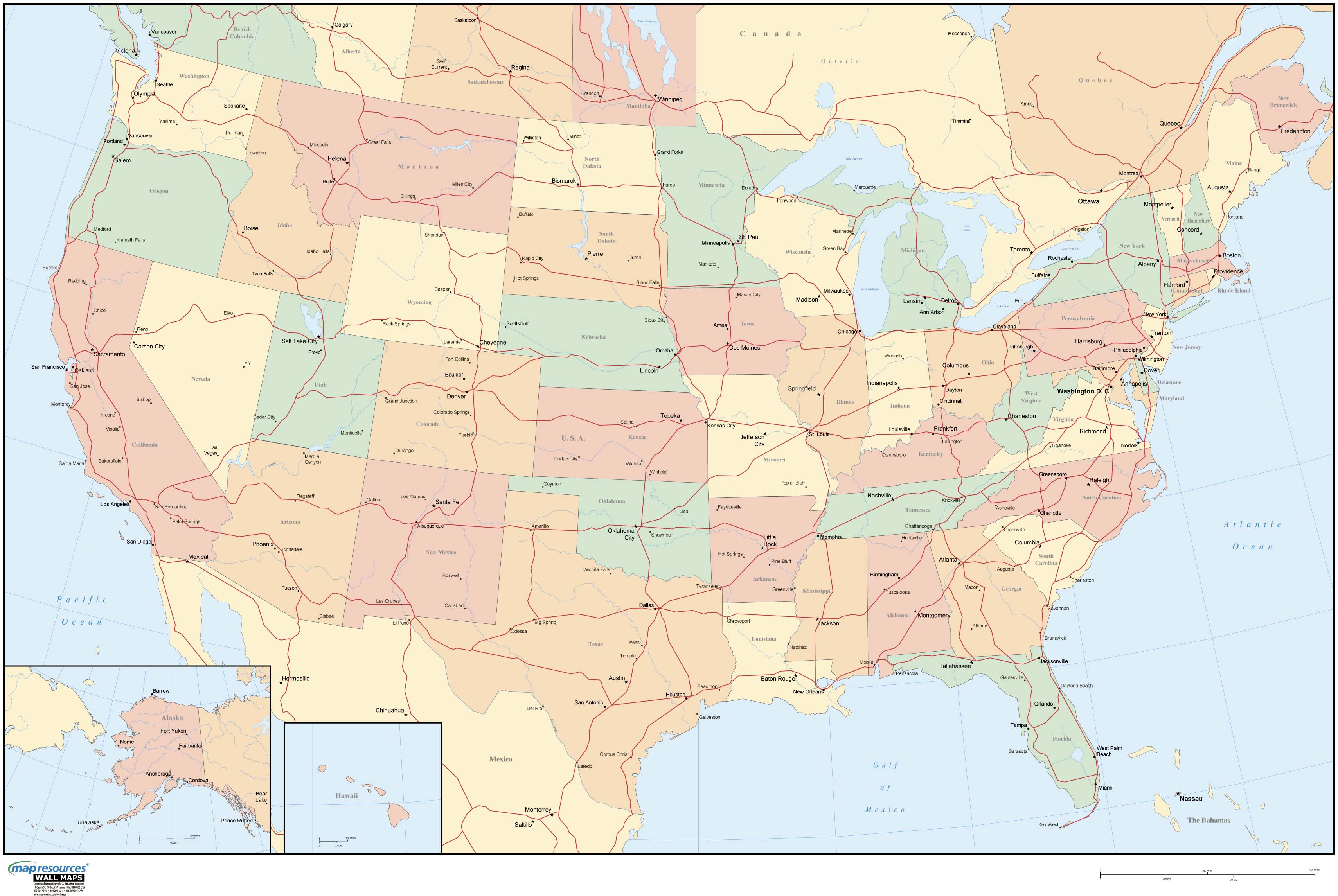 United States Political Wall Map W Highways And Oceans By Map