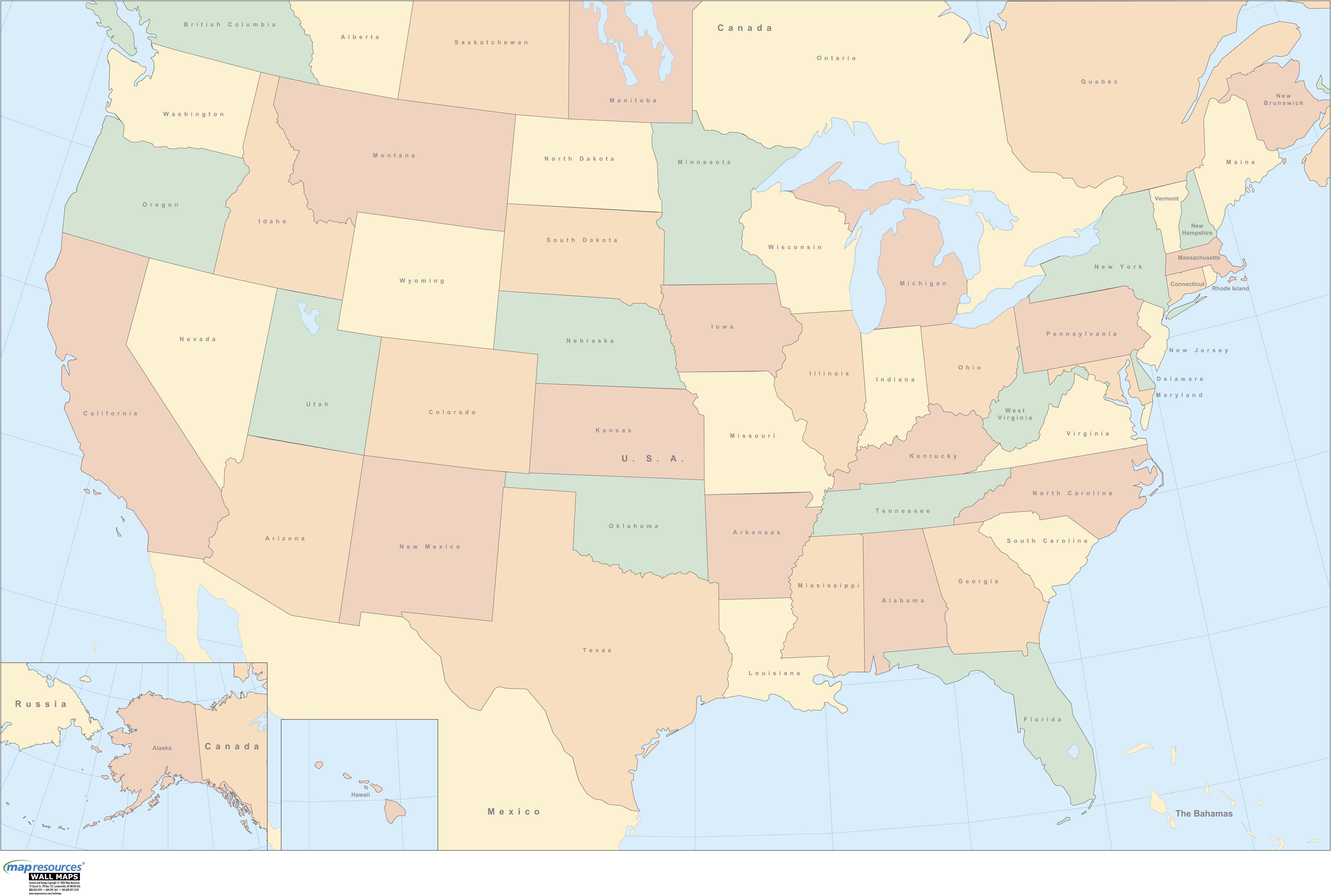 United States Simple Political Wall Map W Ocean By Map Resources