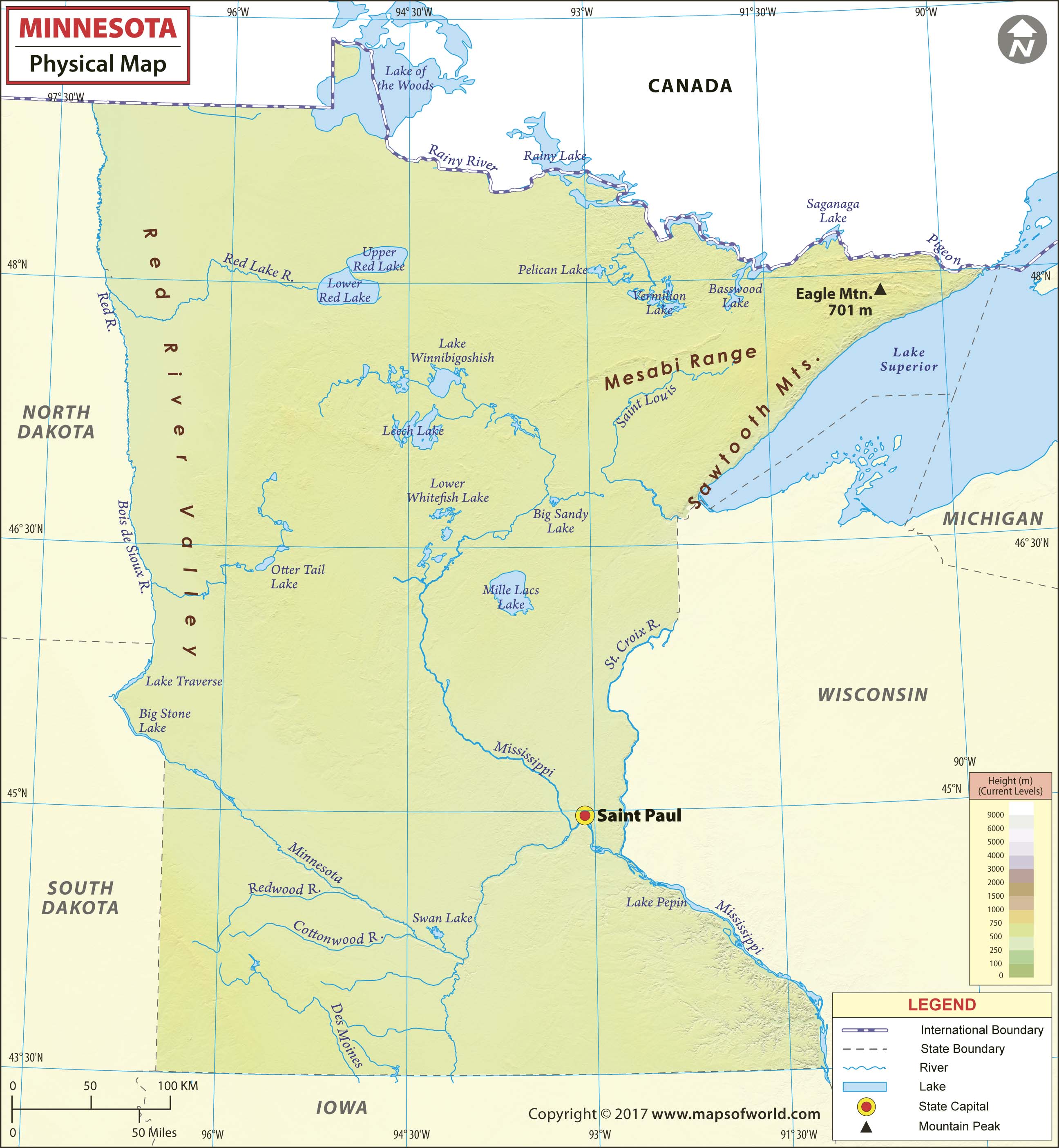 Minnesota Physical Wall Map by Maps of World MapSales