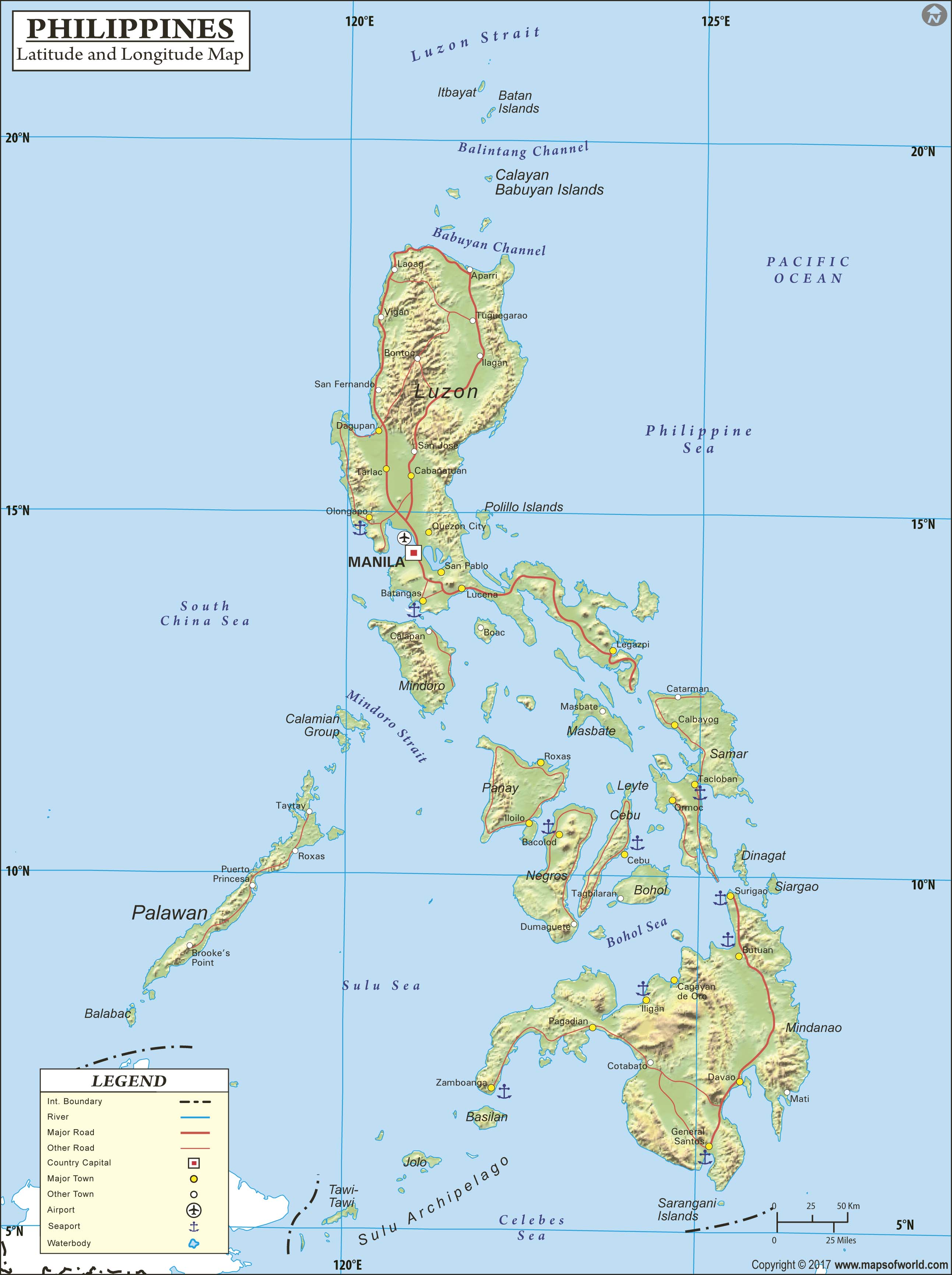 Philippines Latitude and Longitude Wall Map by Maps of World - MapSales