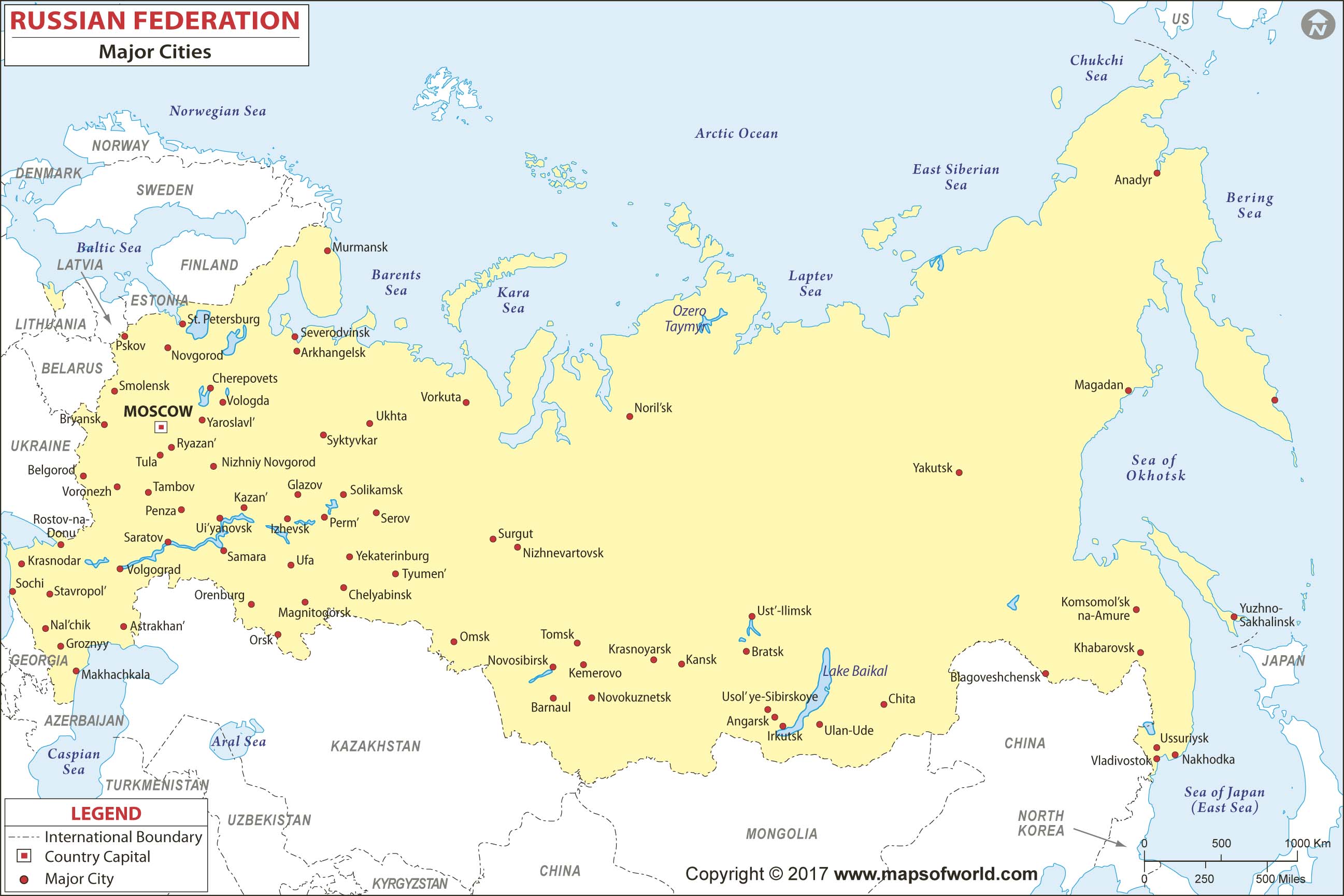 Russia Major Cities Wall Map by Maps of World - MapSales