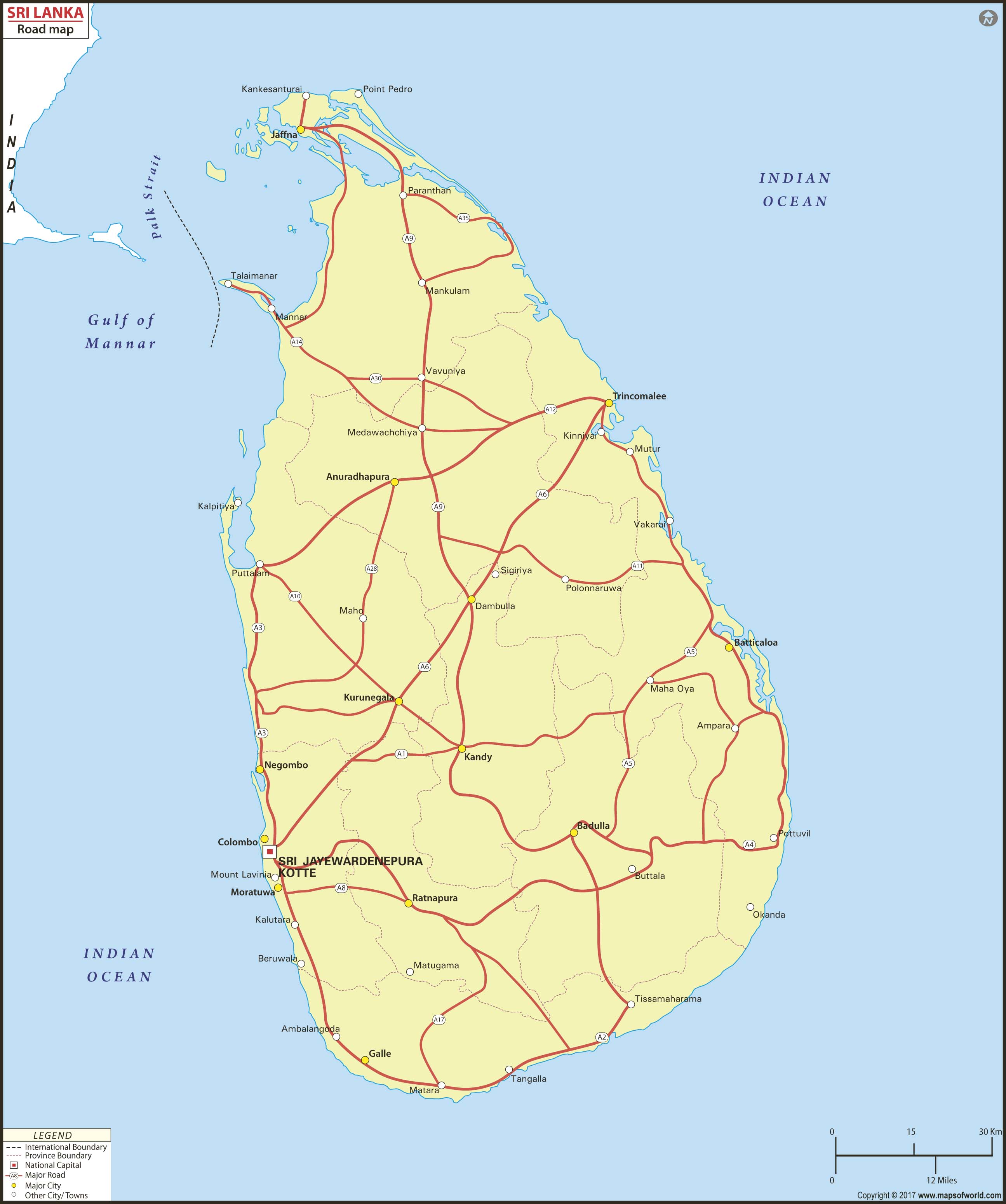 Sri Lanka Road Wall Map by Maps of World MapSales