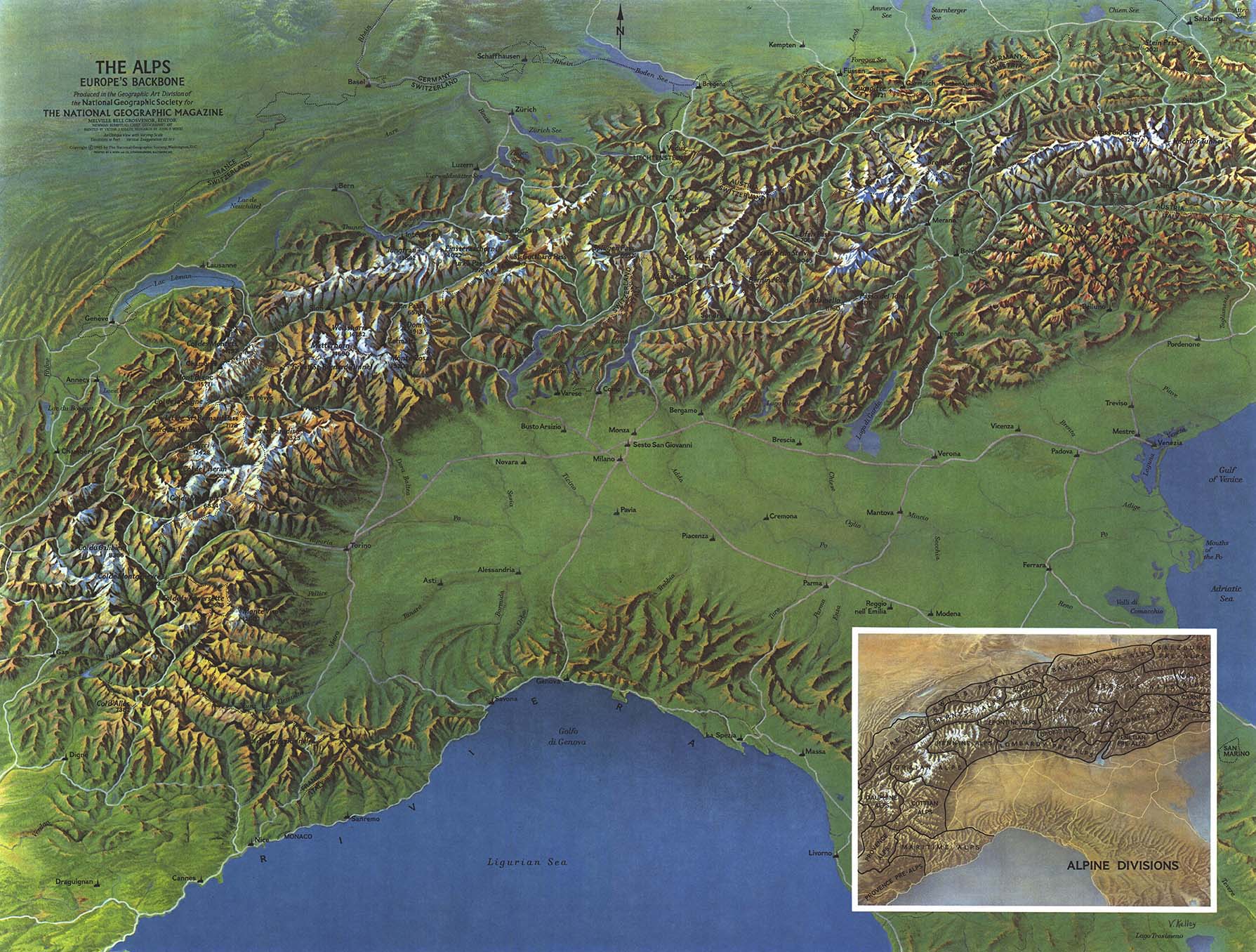Alps Physical 1965 Wall Map by National Geographic MapSales