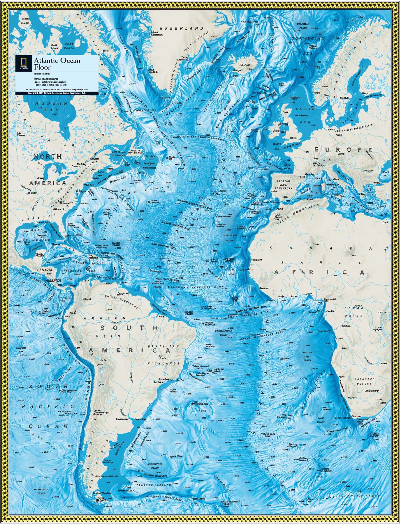 Atlantic Ocean Floor Wall Map by National Geographic Atlantic Ocean Map Green