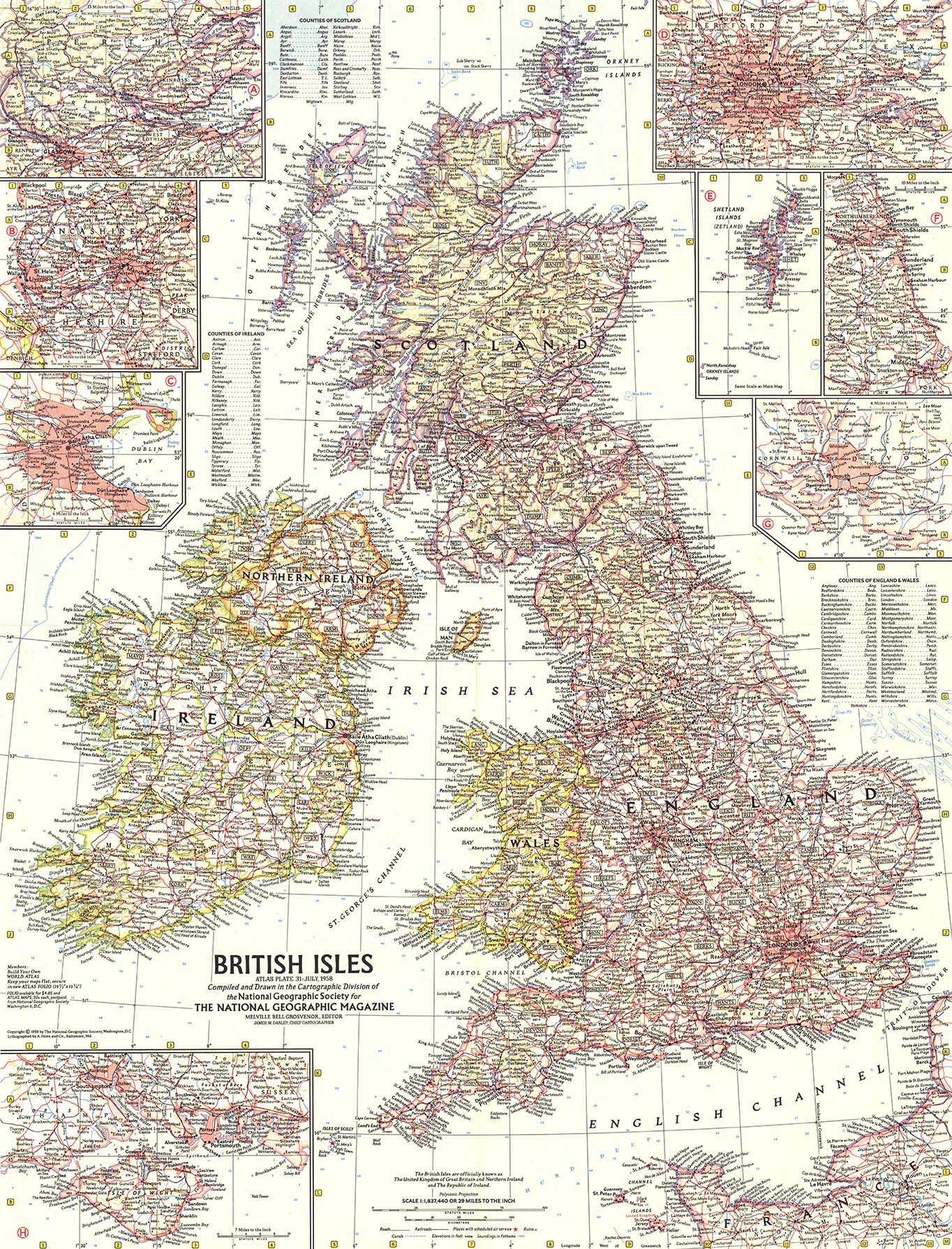 British Isles 1958 Wall Map by National Geographic MapSales