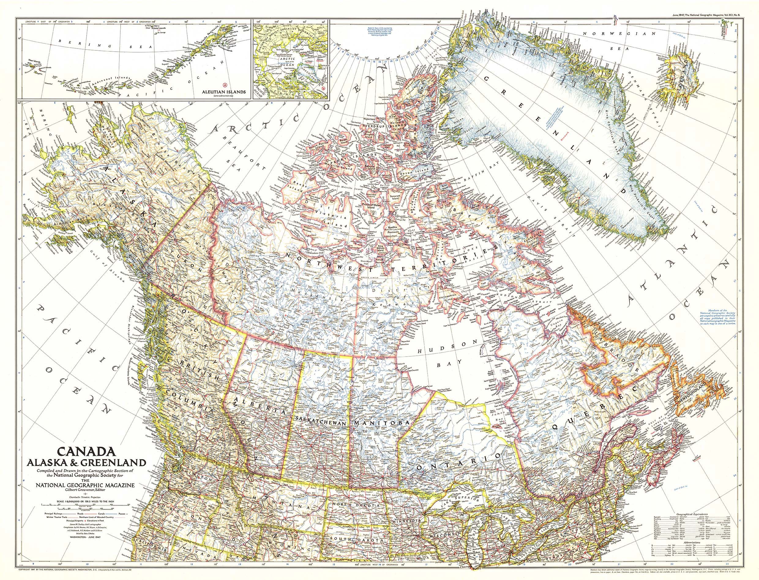 Canada, Alaska and Greenland 1947 Wall Map by National Geographic - MapSales