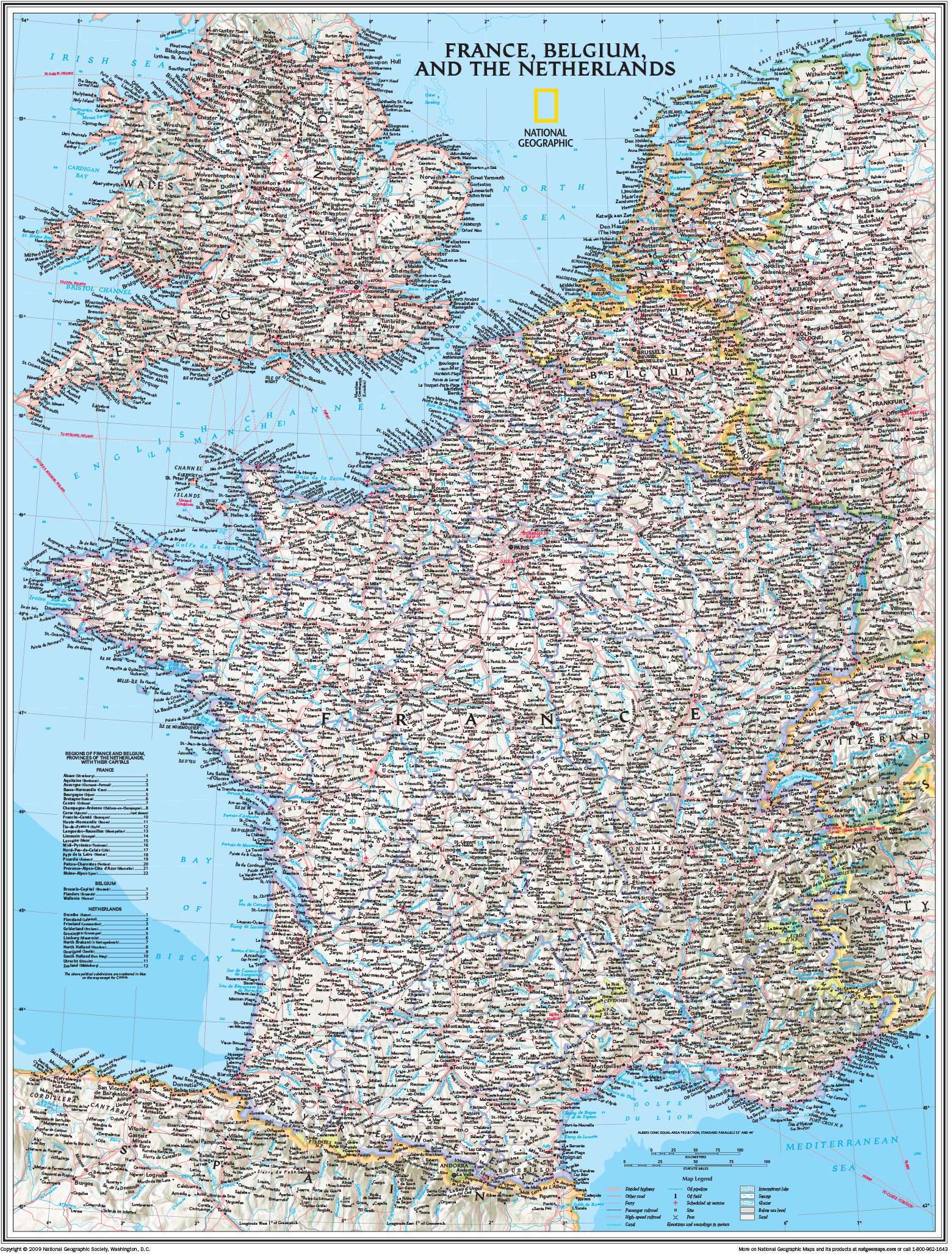 France Belgium and Netherlands Wall Map by National Geographic - MapSales