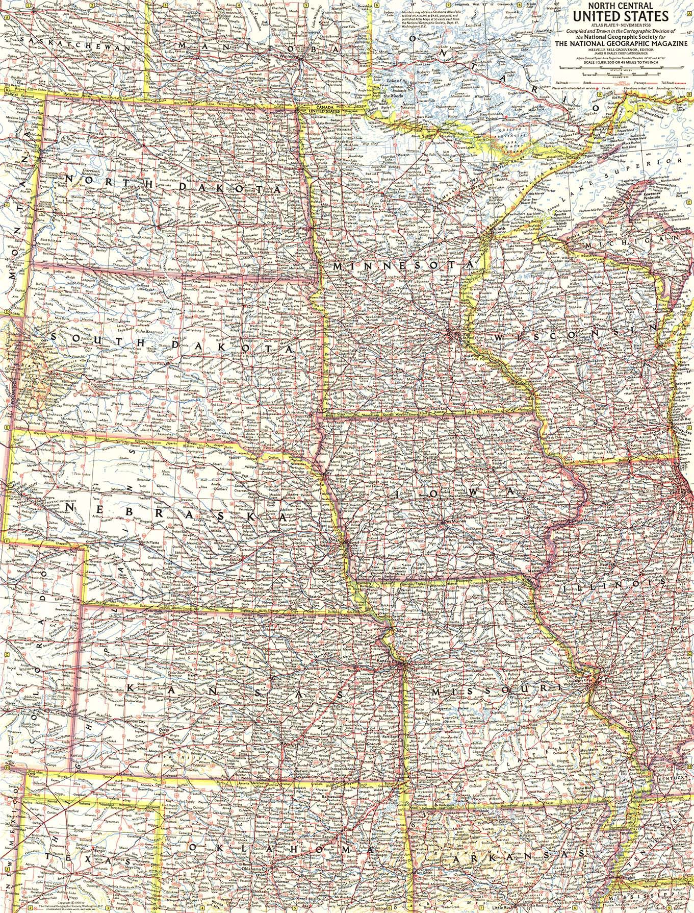 Карта 1958. North Central USA. Us Central North. США карта 1958.