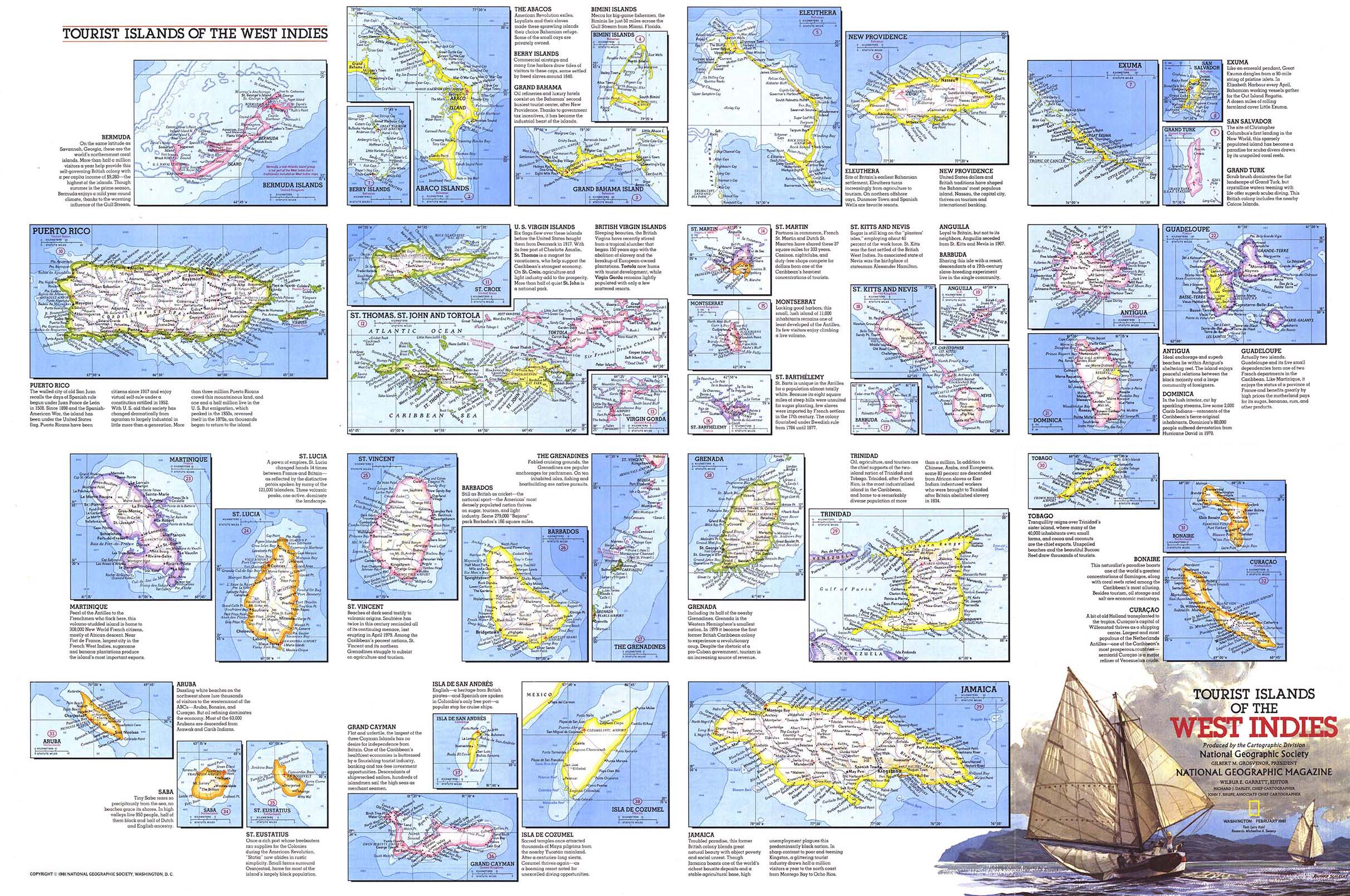 Tourist Islands of the West Indies 1981 Wall Map by National Geographic