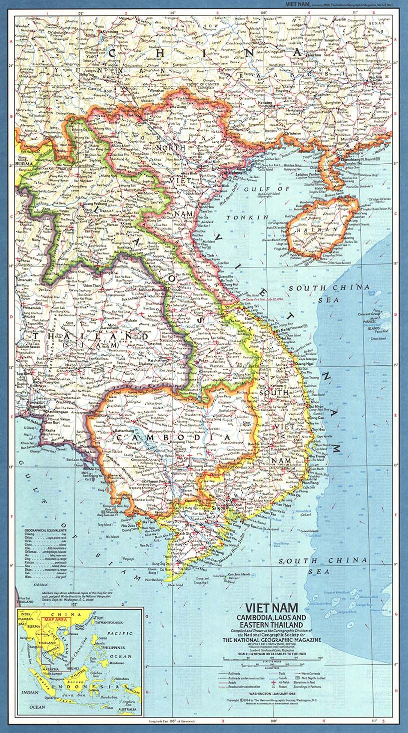 Vietnam, Cambodia and Laos 1965 Wall Map by National Geographic MapSales