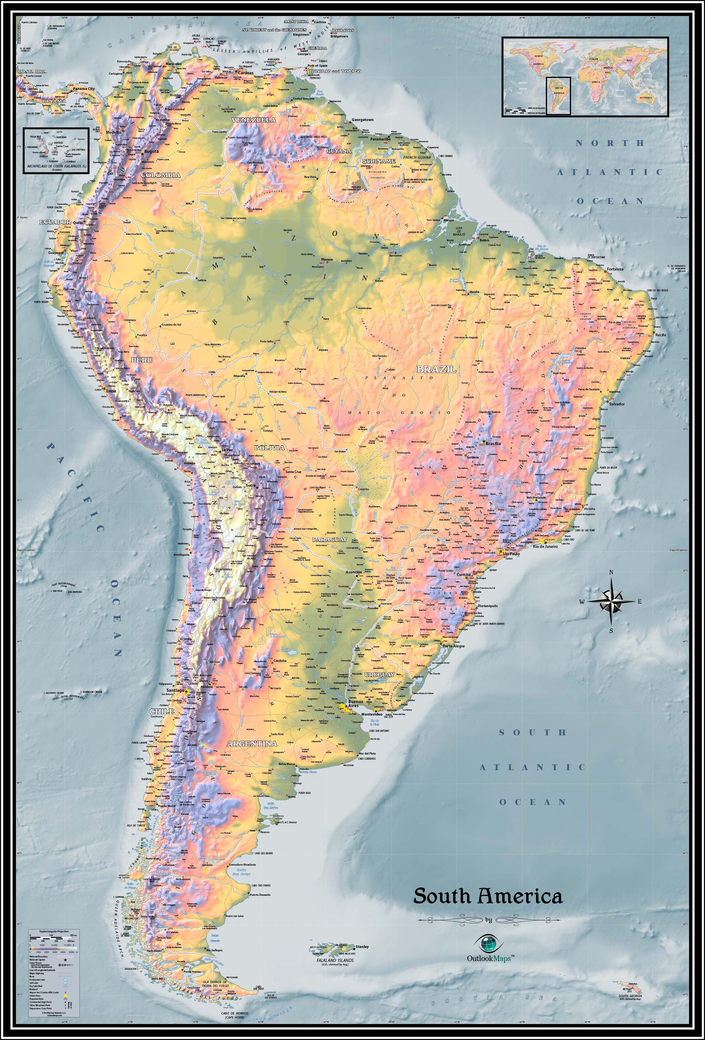 South America Map With Physical Features Time Zones Map S America South America Map With Physical Features Time Zones Map S America
