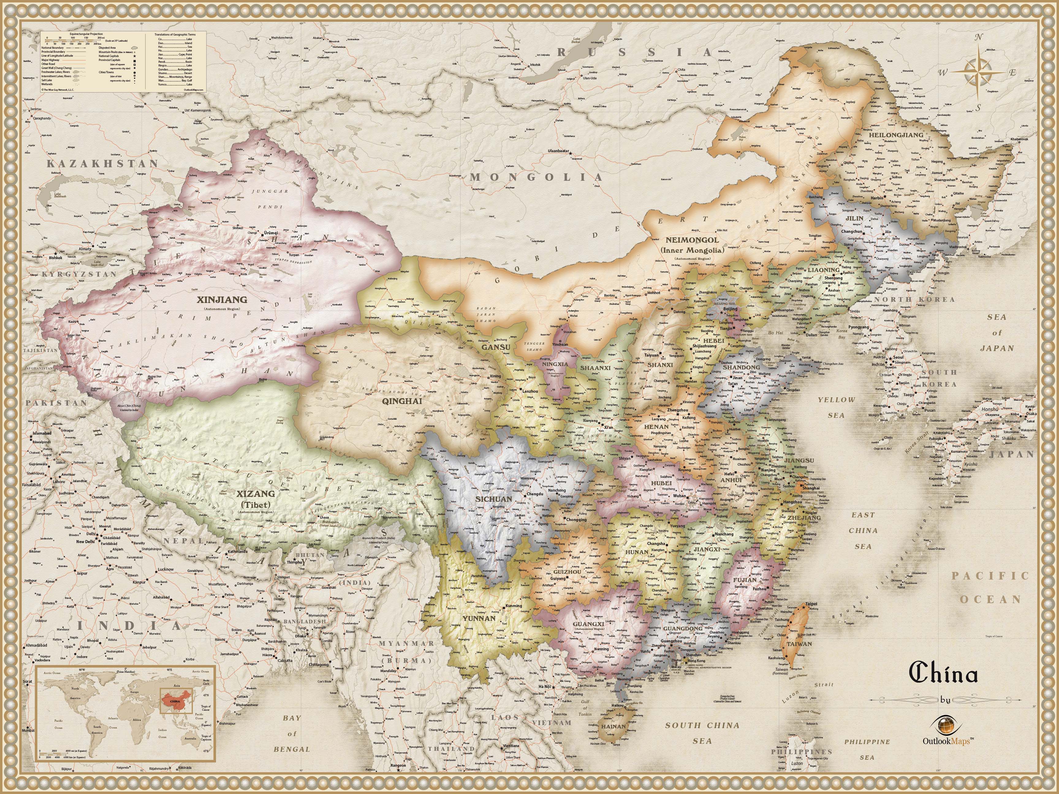 China Antique Wall Map by Outlook Maps MapSales