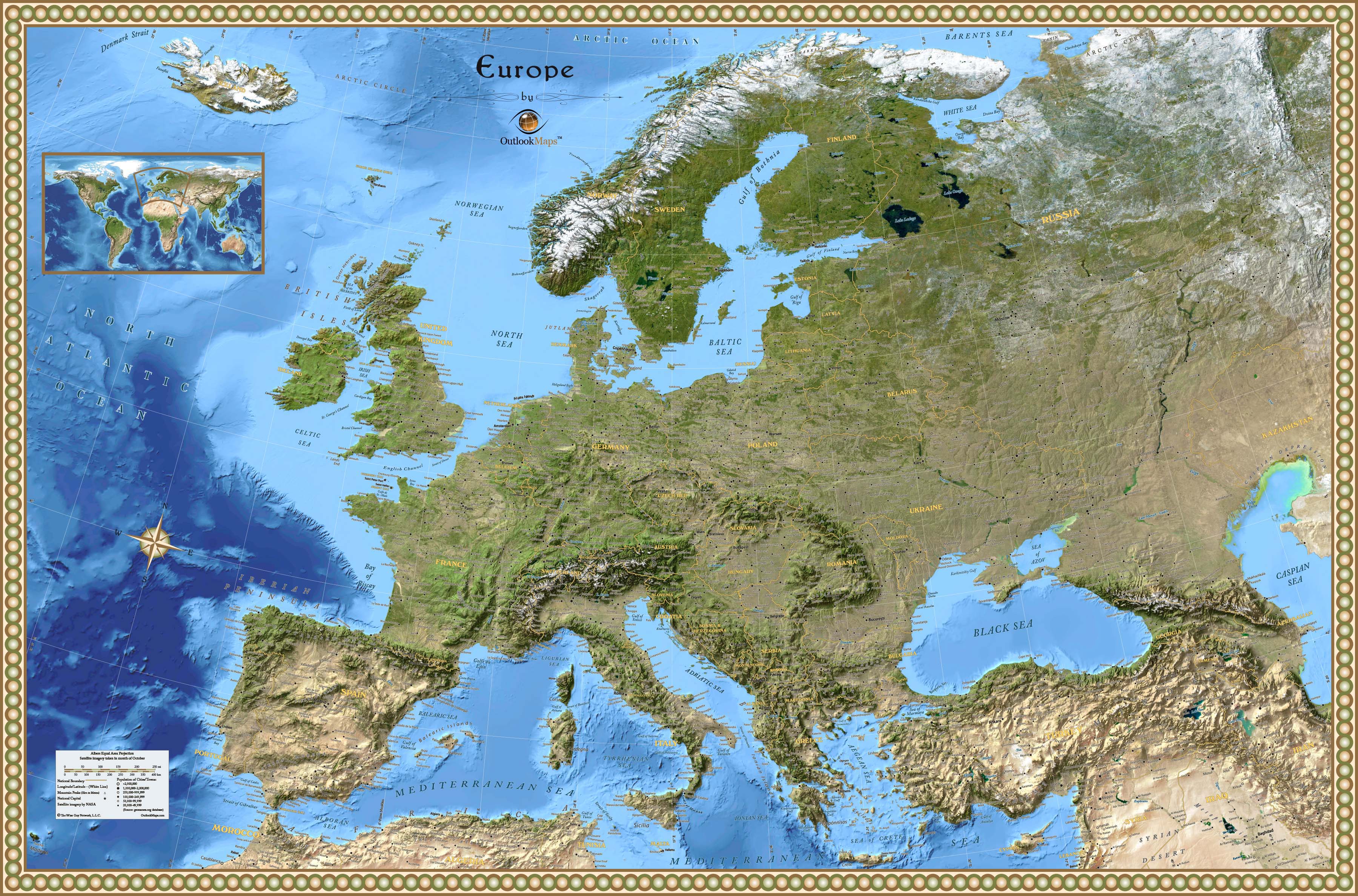 Europe Satellite Wall Map by Outlook Maps
