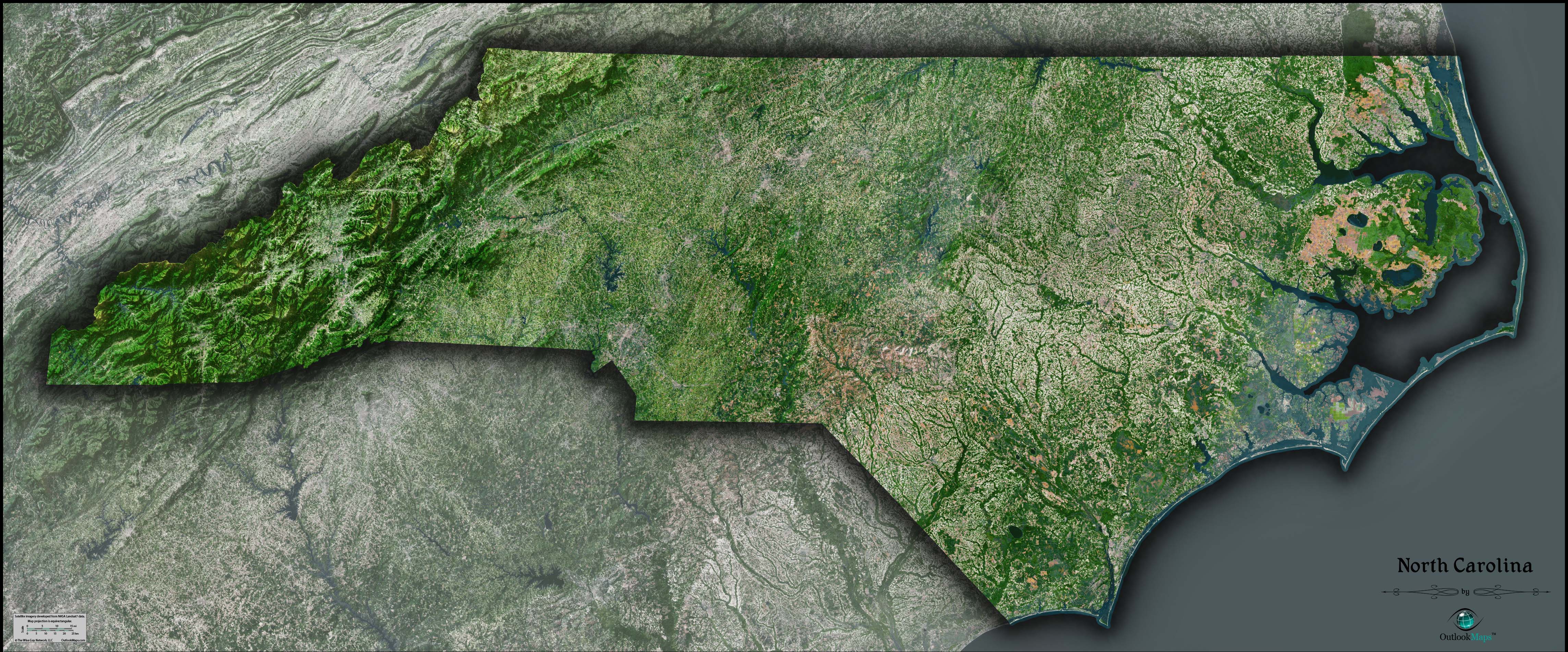 North Carolina Satellite Wall Map by Outlook Maps - MapSales