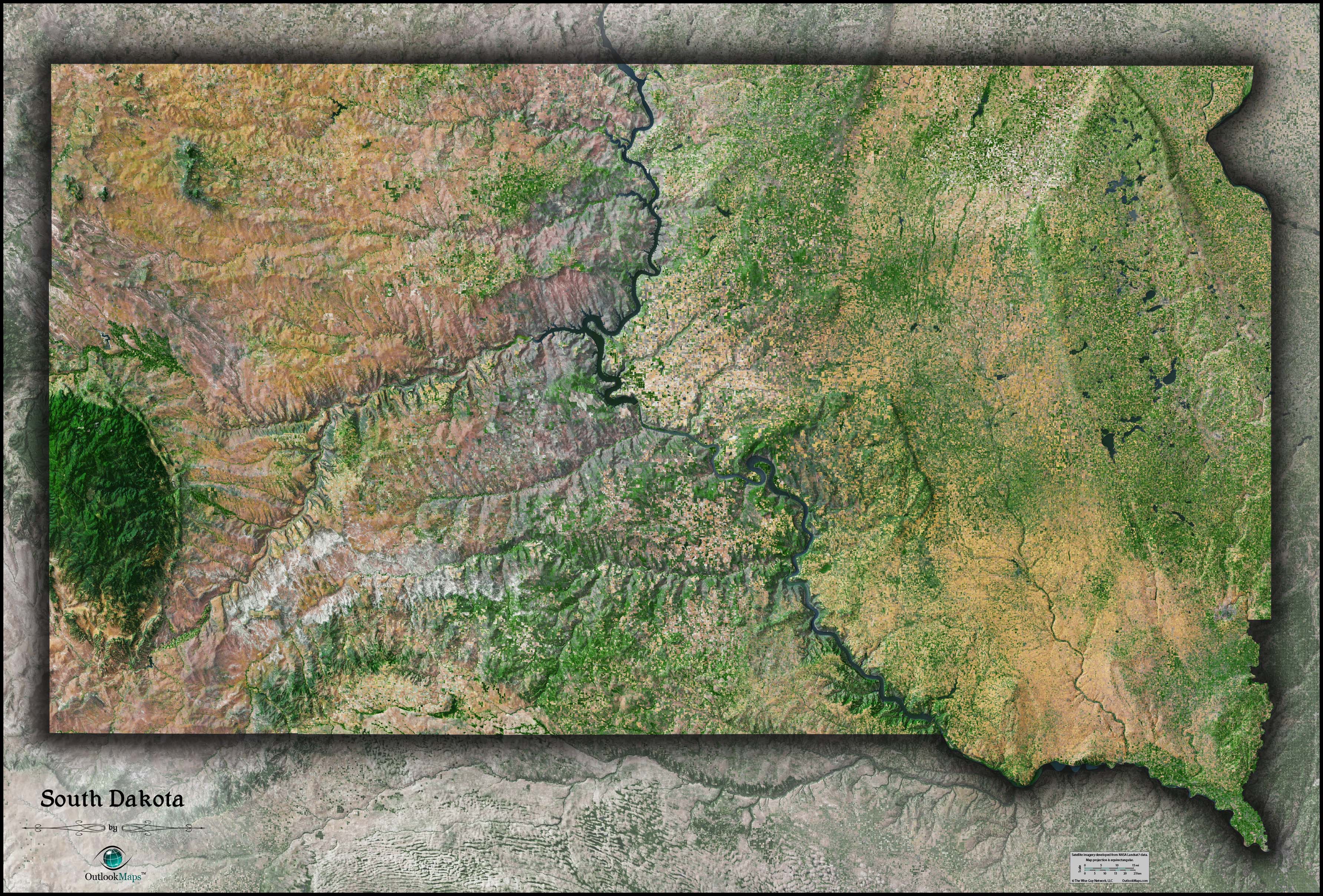 South Dakota Satellite Wall Map by Outlook Maps - MapSales