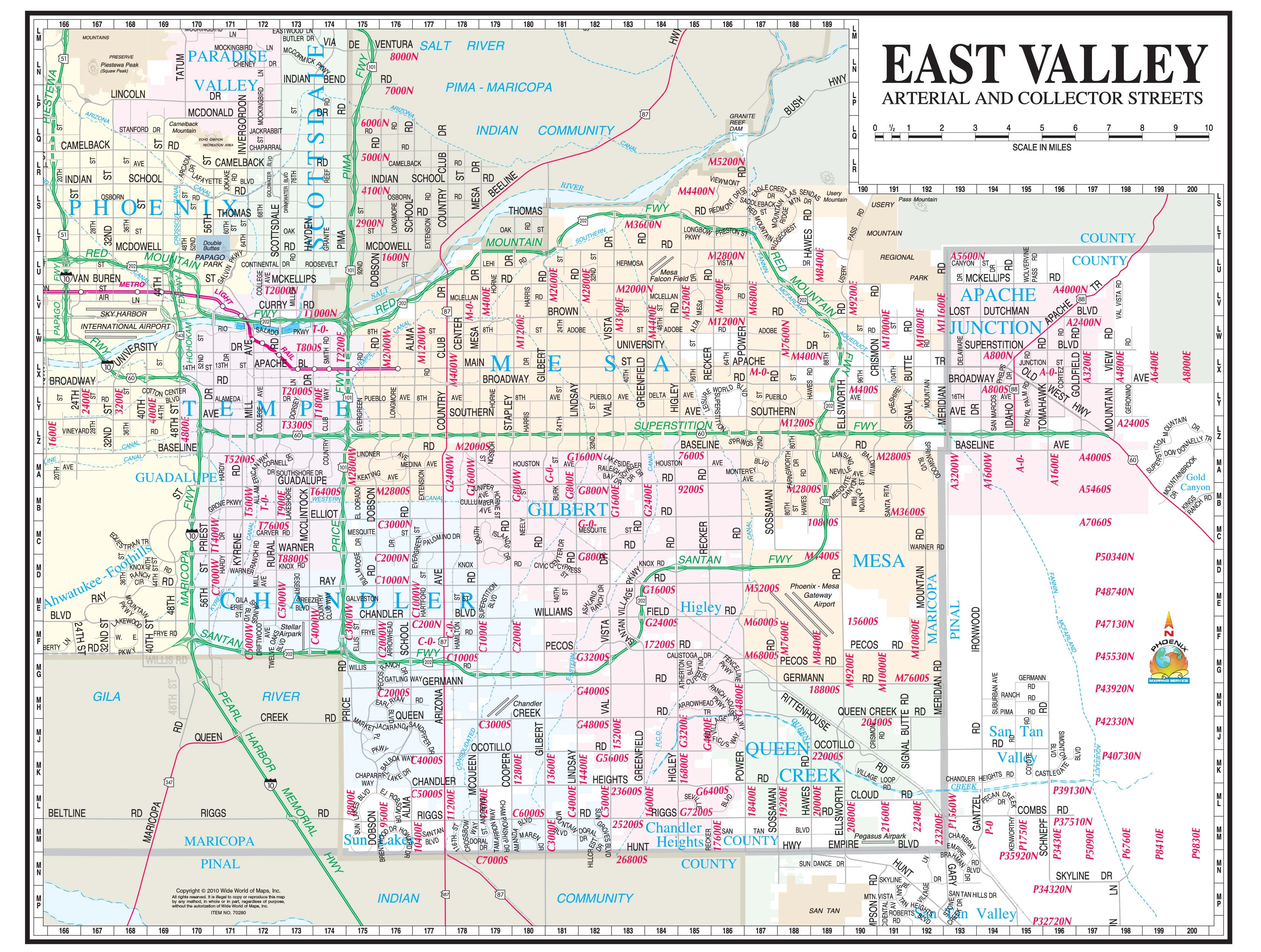 Phoenix East Valley Arterial and Collector Wall Map by Wide World of