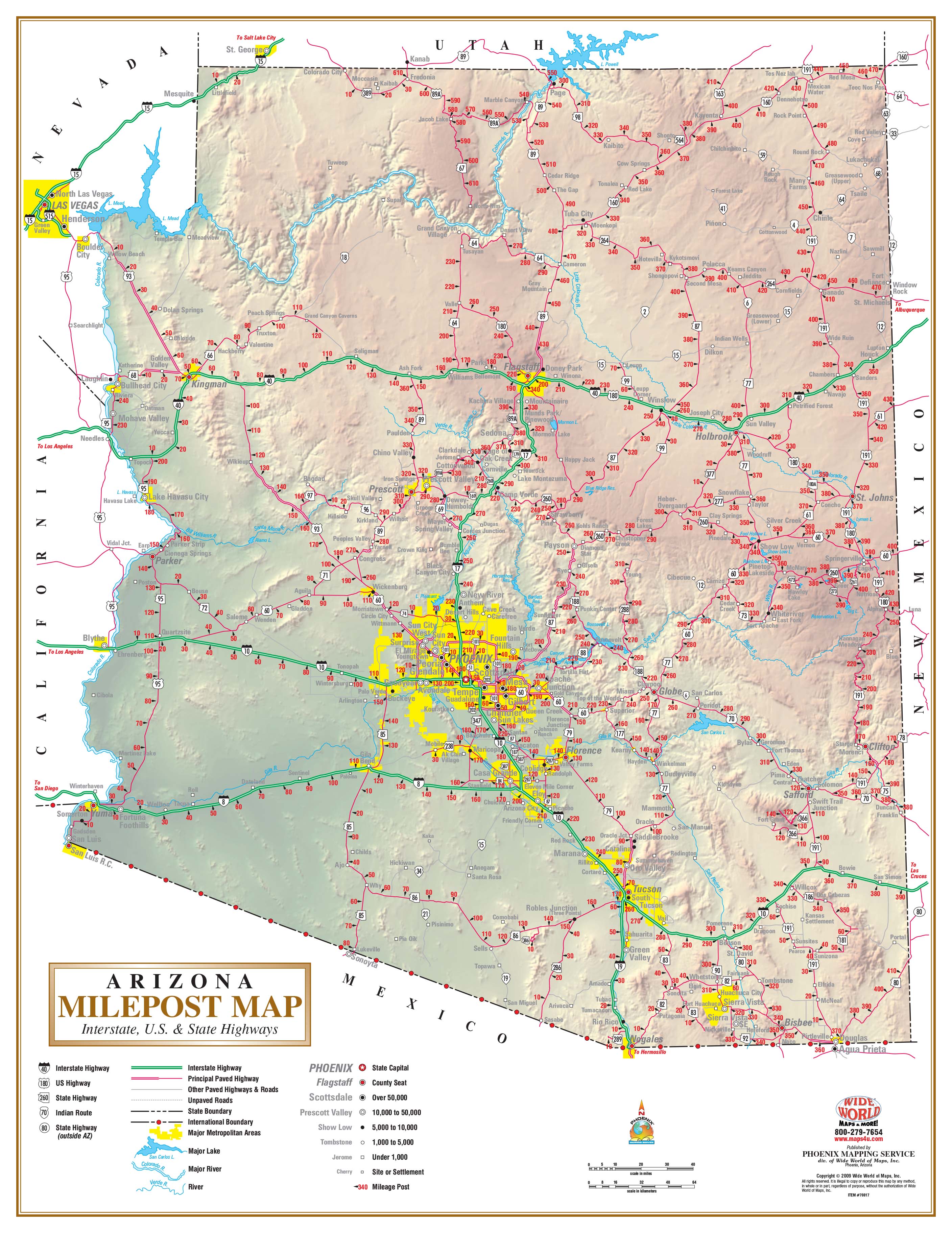 Arizona Milepost Interstate Wall Map by Wide World of Maps MapSales