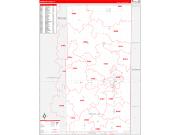 Vermilion County, IL Wall Map Zip Code Red Line Style 2022