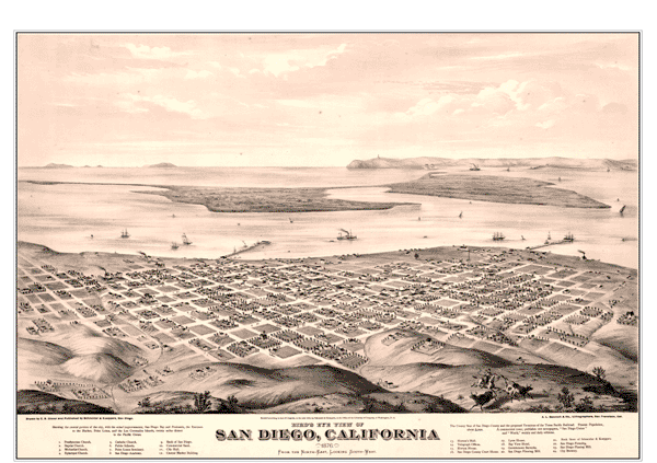 1876 San Diego Antique Wall Map