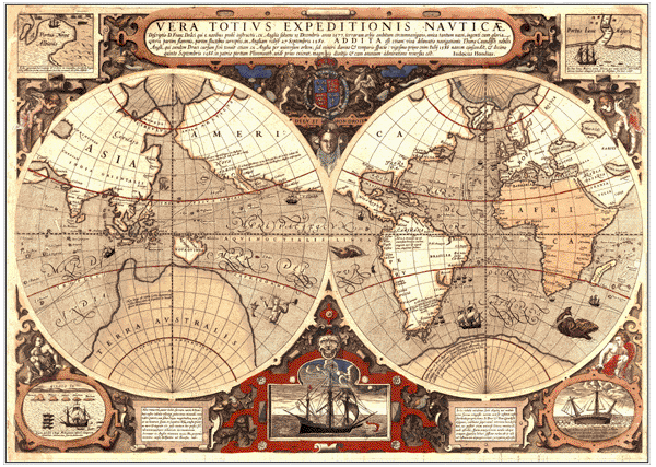 1595 World Antique Wall Map