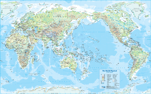 Pacific Centred World Physical Wall Map