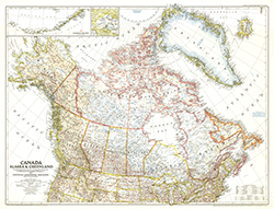 Canada, Alaska and Greenland 1947 Wall Map National Geographic
