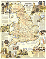 Medieval England 1979 Wall Map National Geographic