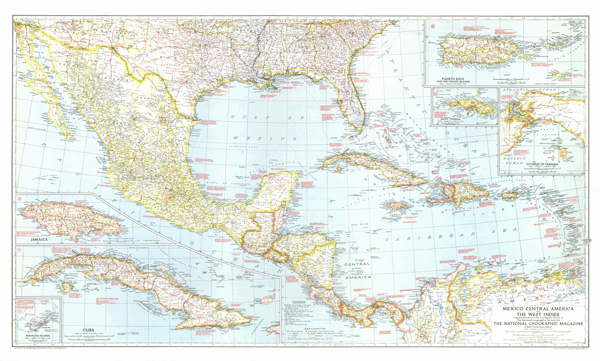 Mexico and Central America 1939 Wall Map National Geographic