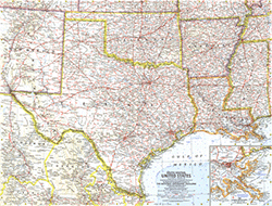 South Central US 1961 Wall Map National Geographic