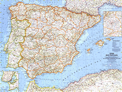 Spain and Portugal 1965 Wall Map National Geographic