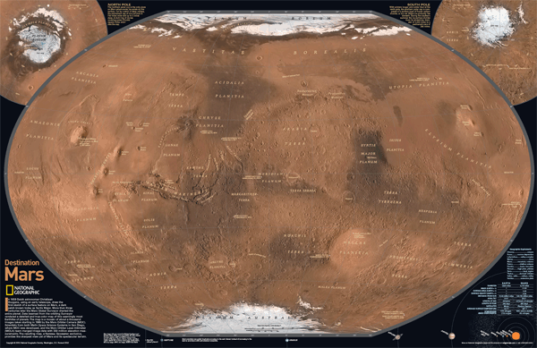 Mars Physical Wall Map