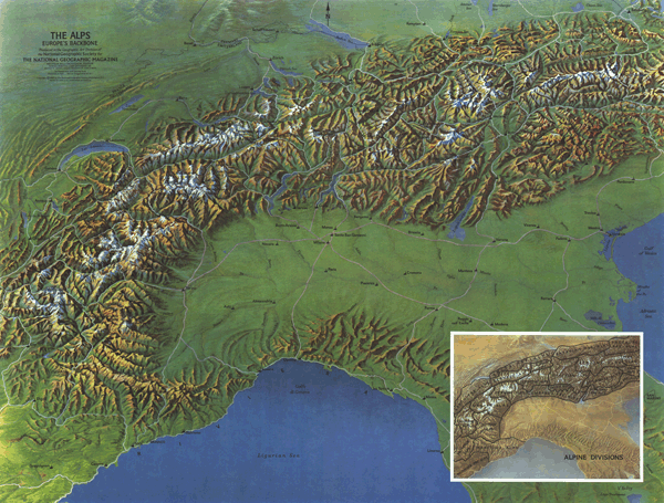 Alps Physical 1965 Wall Map