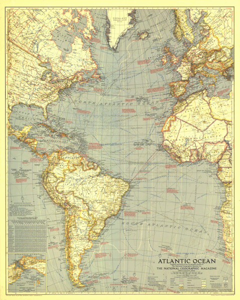 Atlantic Ocean 1939 Wall Map