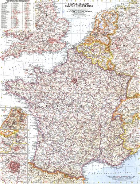 France, Belgium and the Netherlands 1960 Wall Map
