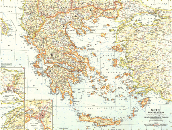 Greece and the Aegean 1958 Wall Map