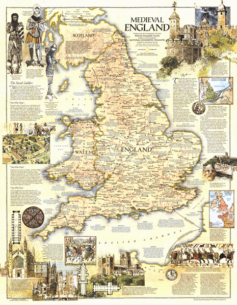 Medieval England 1979 Wall Map