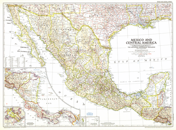 Mexico and Central America 1953 Wall Map
