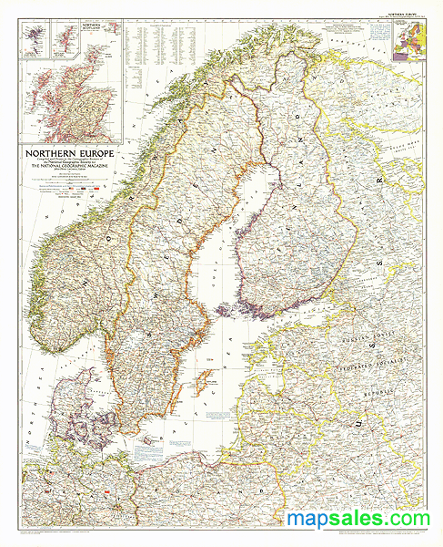 Northern Europe 1954 Wall Map