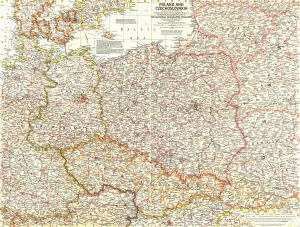 Poland and Czechoslovokia 1958 Wall Map