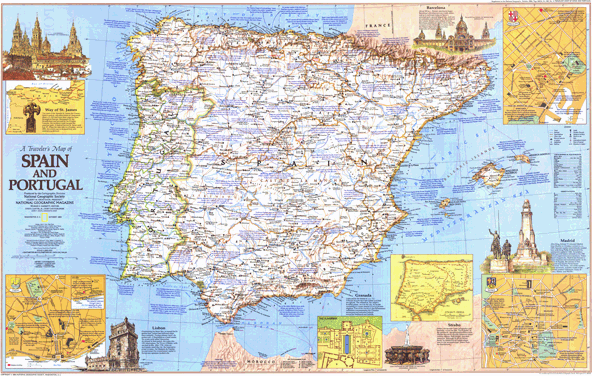 Travelers Spain and Portugal 1984 Wall Map