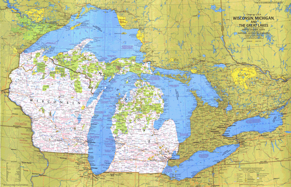 Wisconsin, Michigan and the Great Lakes Wall Map