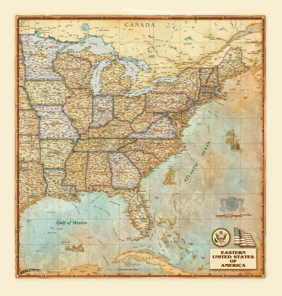 Eastern USA Antique Wall Map