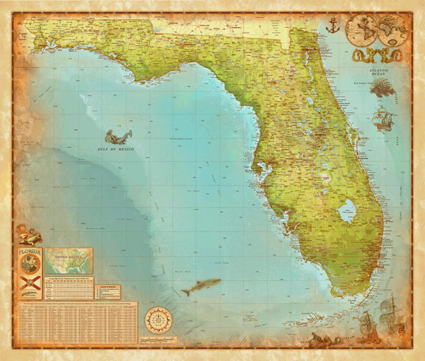 Florida Antique Wall Map