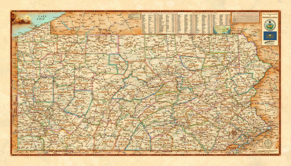 Pennsylvania Physical Antique Wall Map