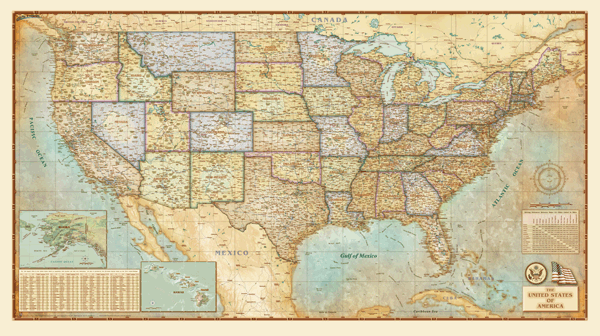 USA Antique Wall Map