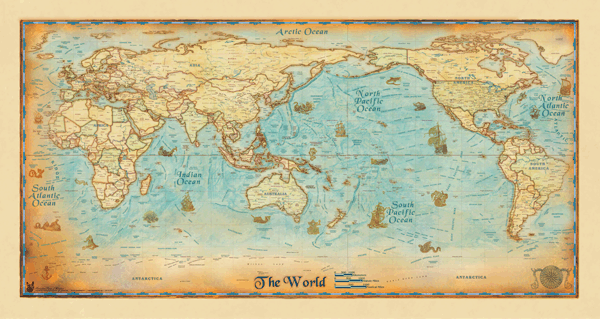 World Antique Pacific Centered Wall Map