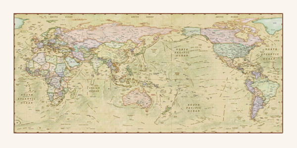 World Decorators Antique Pacific Centered Wall Map