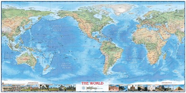 World USA Centered Physical with Wonders Wall Map