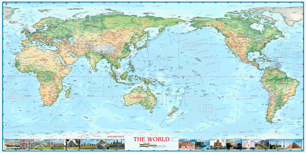 World Physical Pacific Centered Wall Map